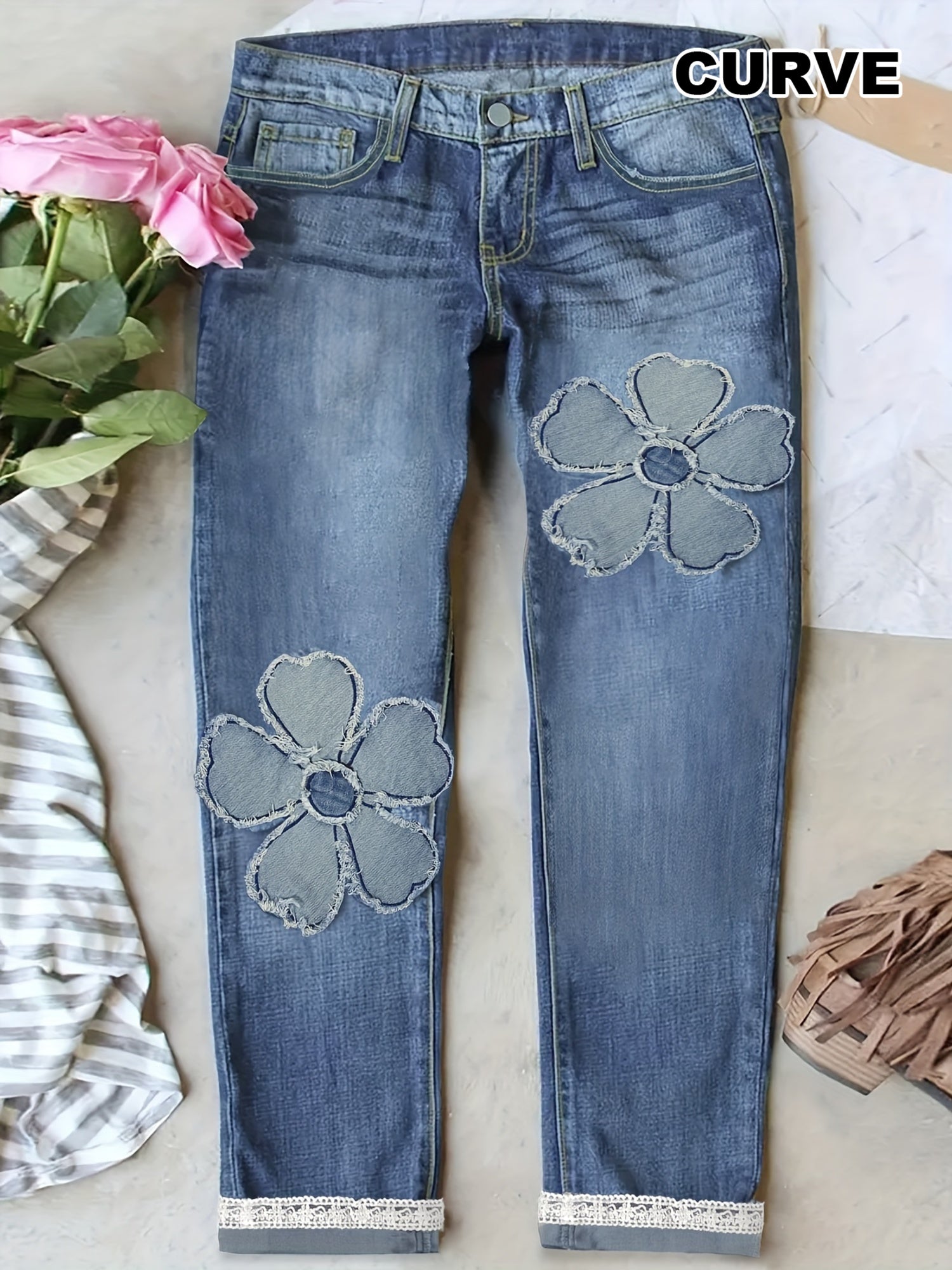 Women's Plus Size Floral Patchwork Lace Denim Pants with Contrast Hem