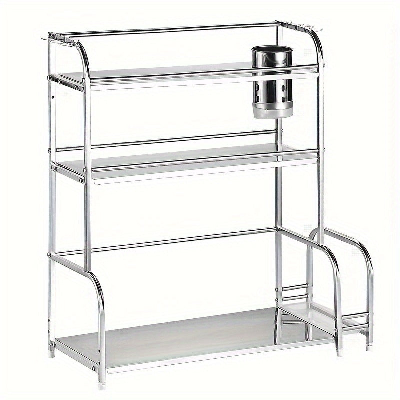 Stainless Steel Kitchen Storage Rack with Hooks, Multi-Layer Floor-to-Ceiling Organizer