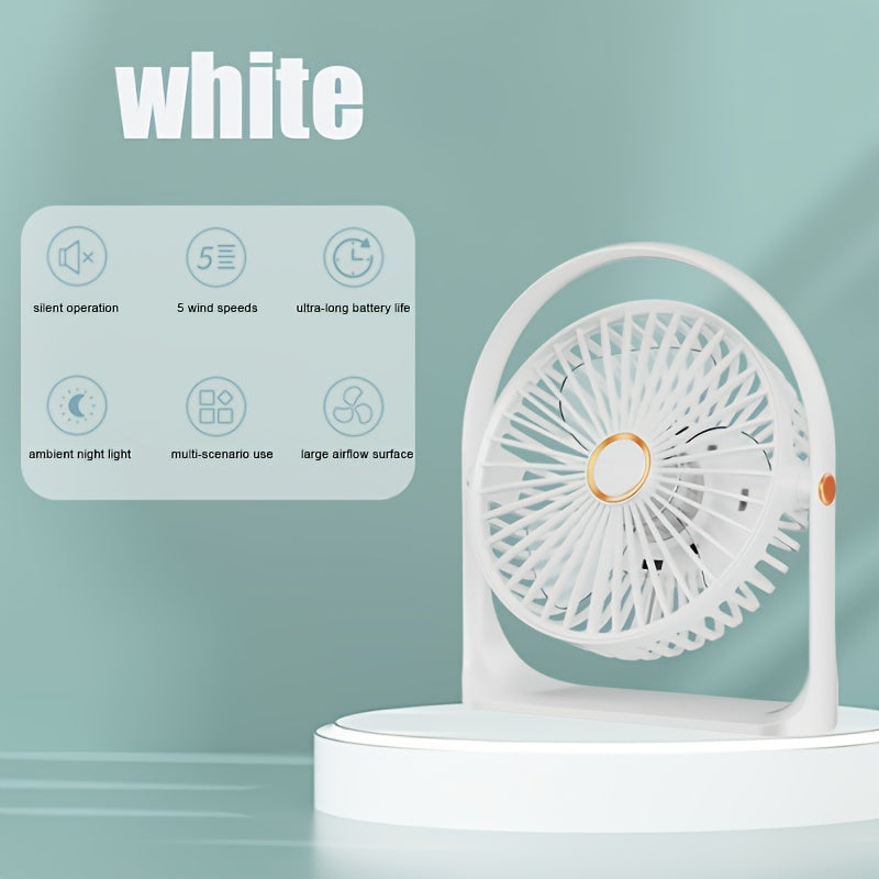 Rechargeable Portable USB Desk Fan with LED Night Light, 5 Speeds, Quiet Operation