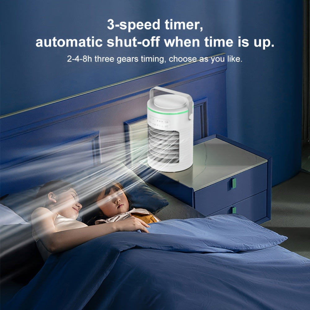 Rangli chiroqlar bilan portativ mist ventilyatori, 3 tezlik, USB quvvati, sensorli boshqaruv