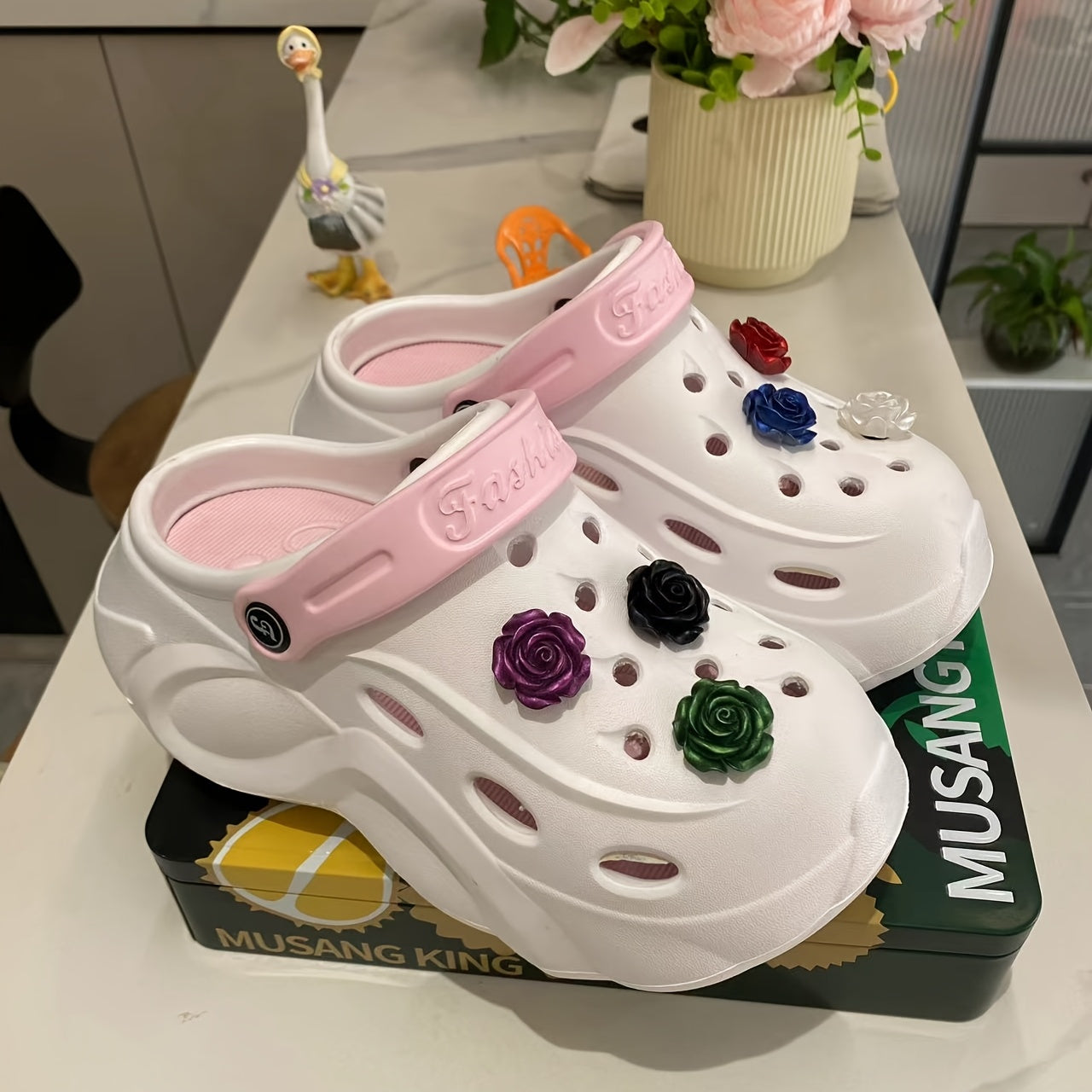 Women's Breathable EVA Clogs with 3D Rose Design, Platform Heel, Indoor Outdoor