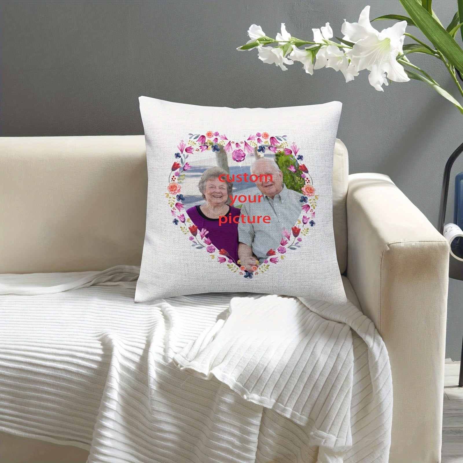 Custom Heart Flower Plush Pillowcase 45.72cm Personal Photo Decor Gift