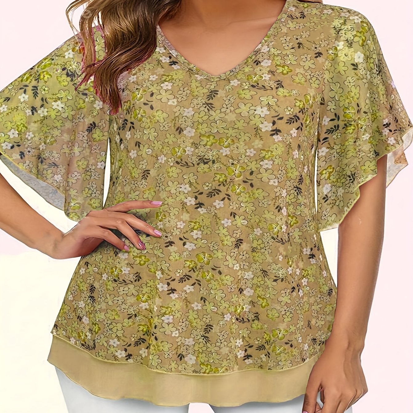Plus-Size Floral Mesh V-Neck Shirt for Curvy Women Flutter Sleeves