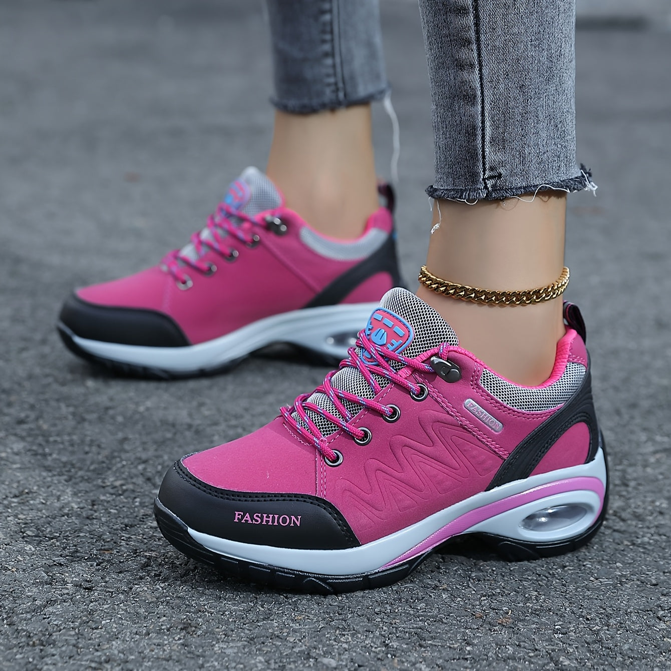 Women's Air Cushion Hiking Sneakers Black Pink Low-Top All-Season Trail Running Shoes