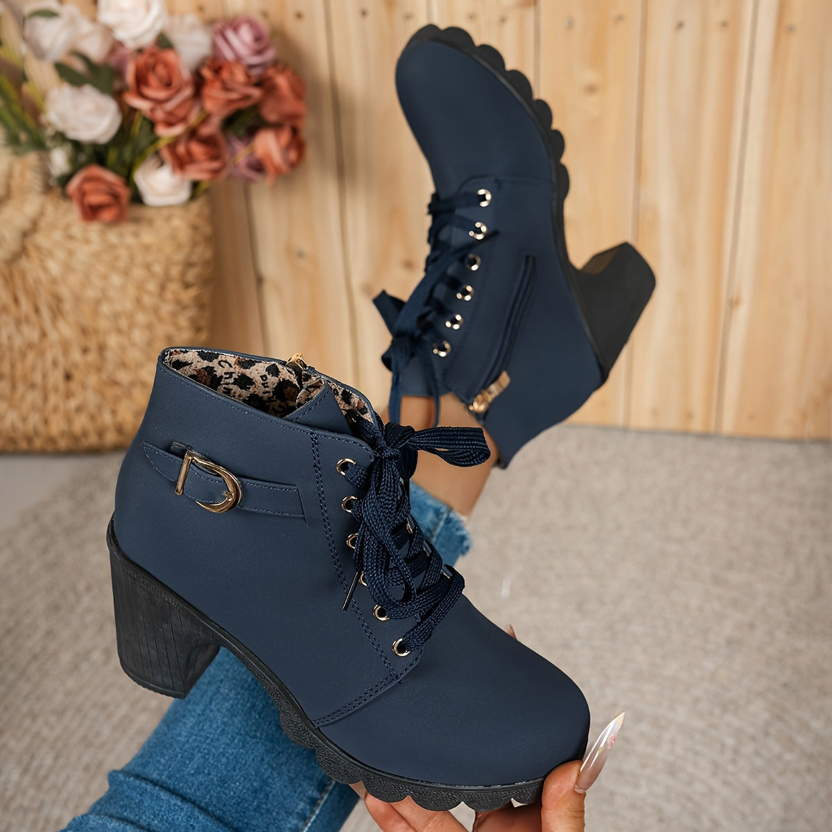 Women's Pointed Toe Mary Jane Boots Thick Platform High Heel Lace-Up Zipper Sneakers