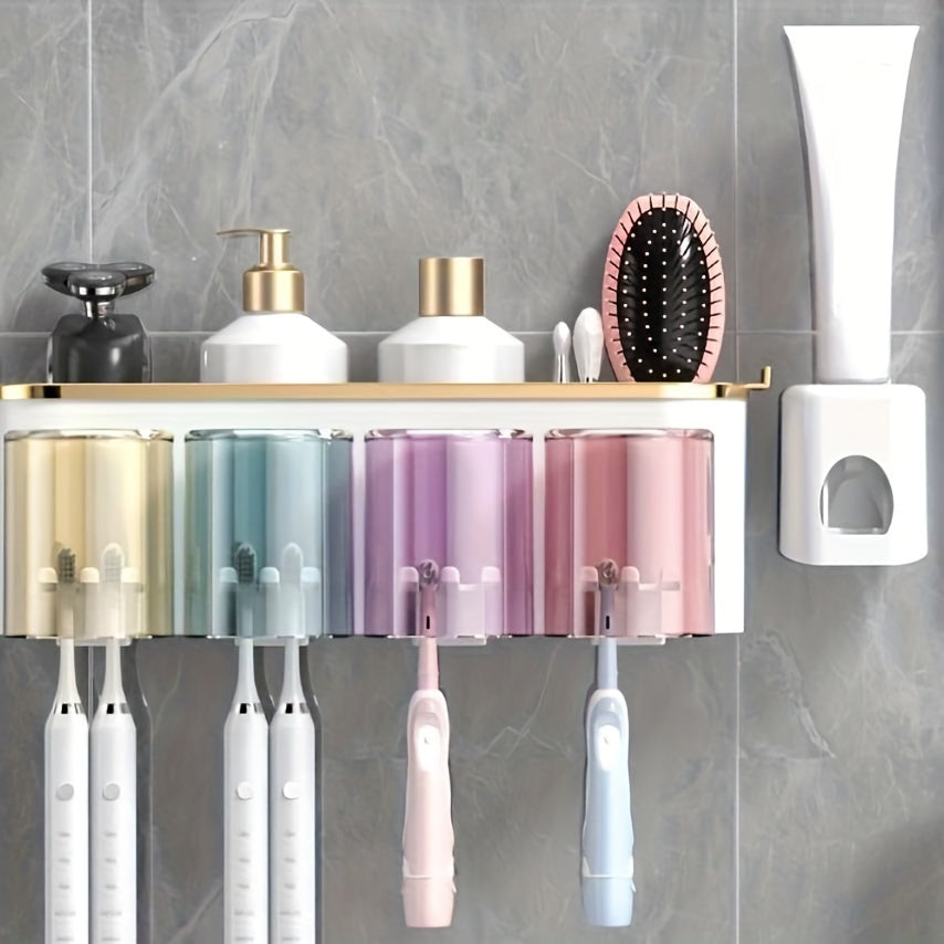 Wall-Mounted Toothbrush and Toothpaste Holder with Squeezer and Storage Shelf