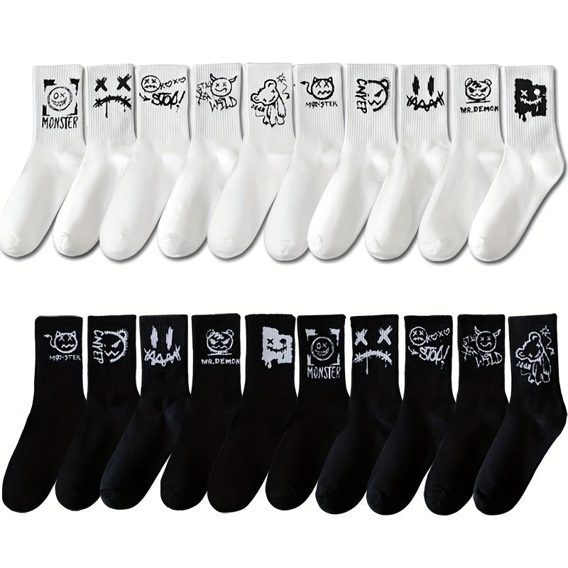 Men's Graffiti Pattern Crew Socks 3/5/8/10 Pairs Breathable Comfortable Outdoor
