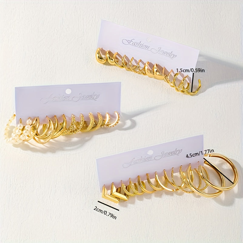 36 ta moda qotishma uzuk va ayollar uchun sirg'alar to'plami, sun'iy marvaridlar bilan retro punk uslubida, har kuni kiyish uchun mukammal.