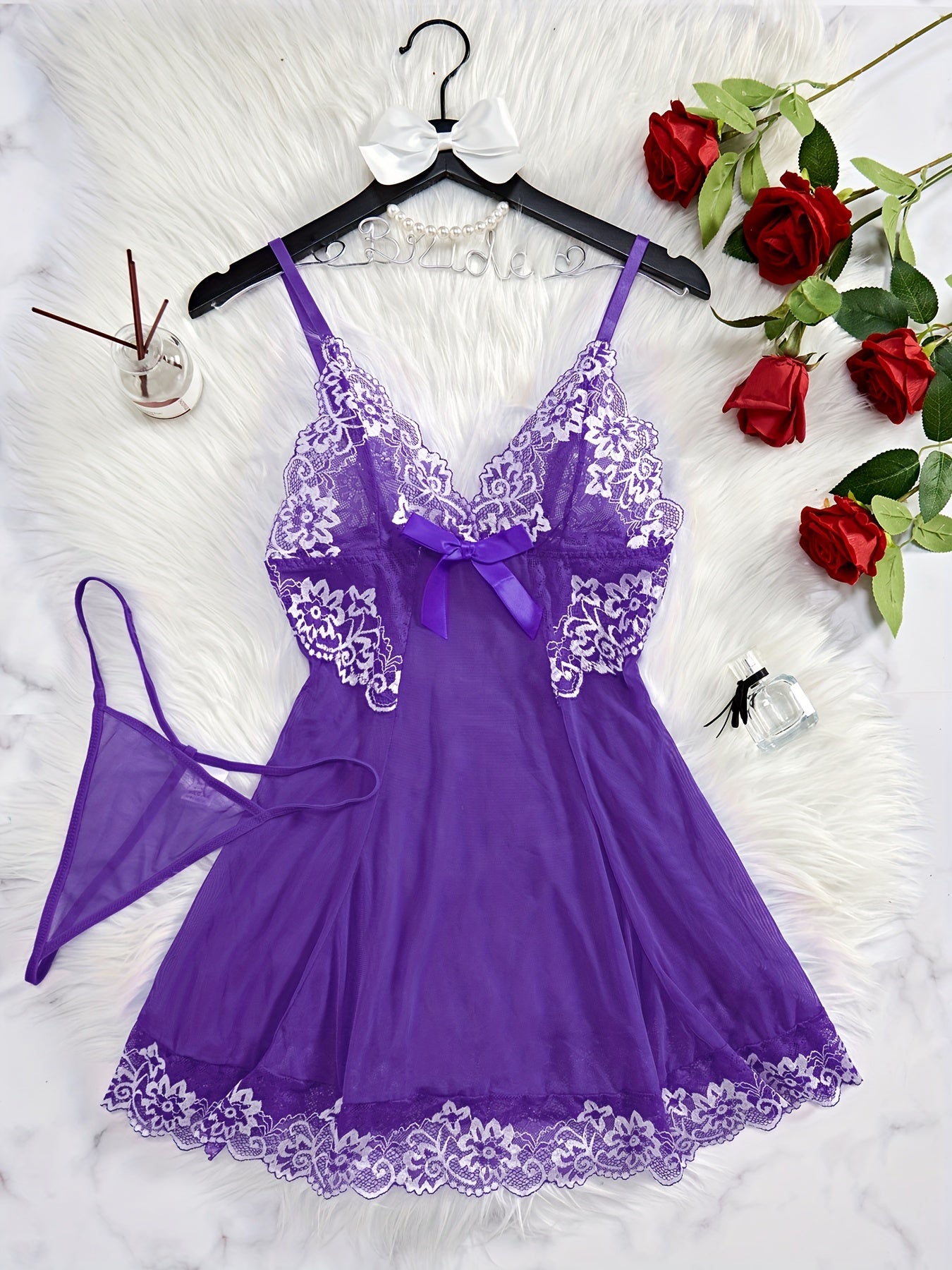 Women's Backless Nightdress with Thin Straps and Charm Design Including Thong