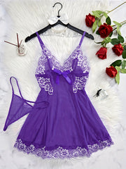 Women's Backless Nightdress with Thin Straps and Charm Design Including Thong