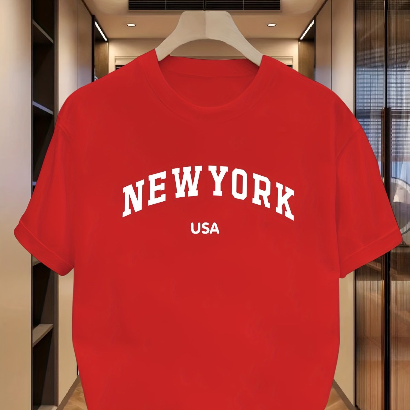 Camiseta de manga corta casual de verano para hombre con estampado de Nueva York, EE. UU., poliéster, elastano, ligero estiramiento, corte regular