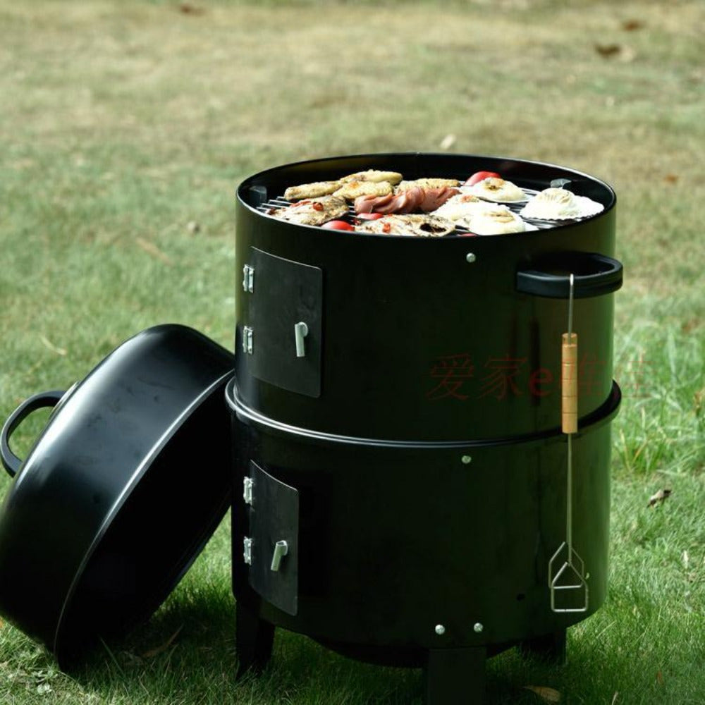 Portable outdoor BBQ grill and smoker with foldable design, integrated smoker box, ideal for camping and tailgating, insulated structure