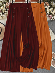 Women's Plus Size Wide-Leg Pants Elastic Waist Casual Trousers Burgundy Yellow