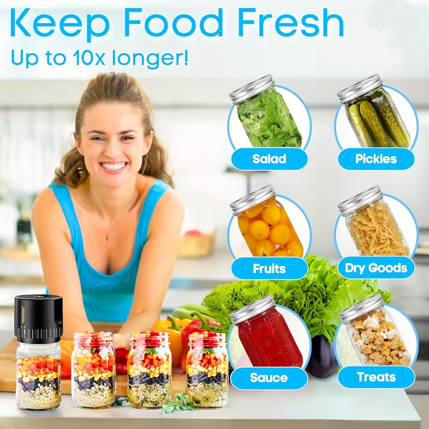 USB qayta to'ldiriladigan Mason bankasi oziq-ovqat vakuum yopish uchun pompali va yopish uchun aksessuarlar bilan