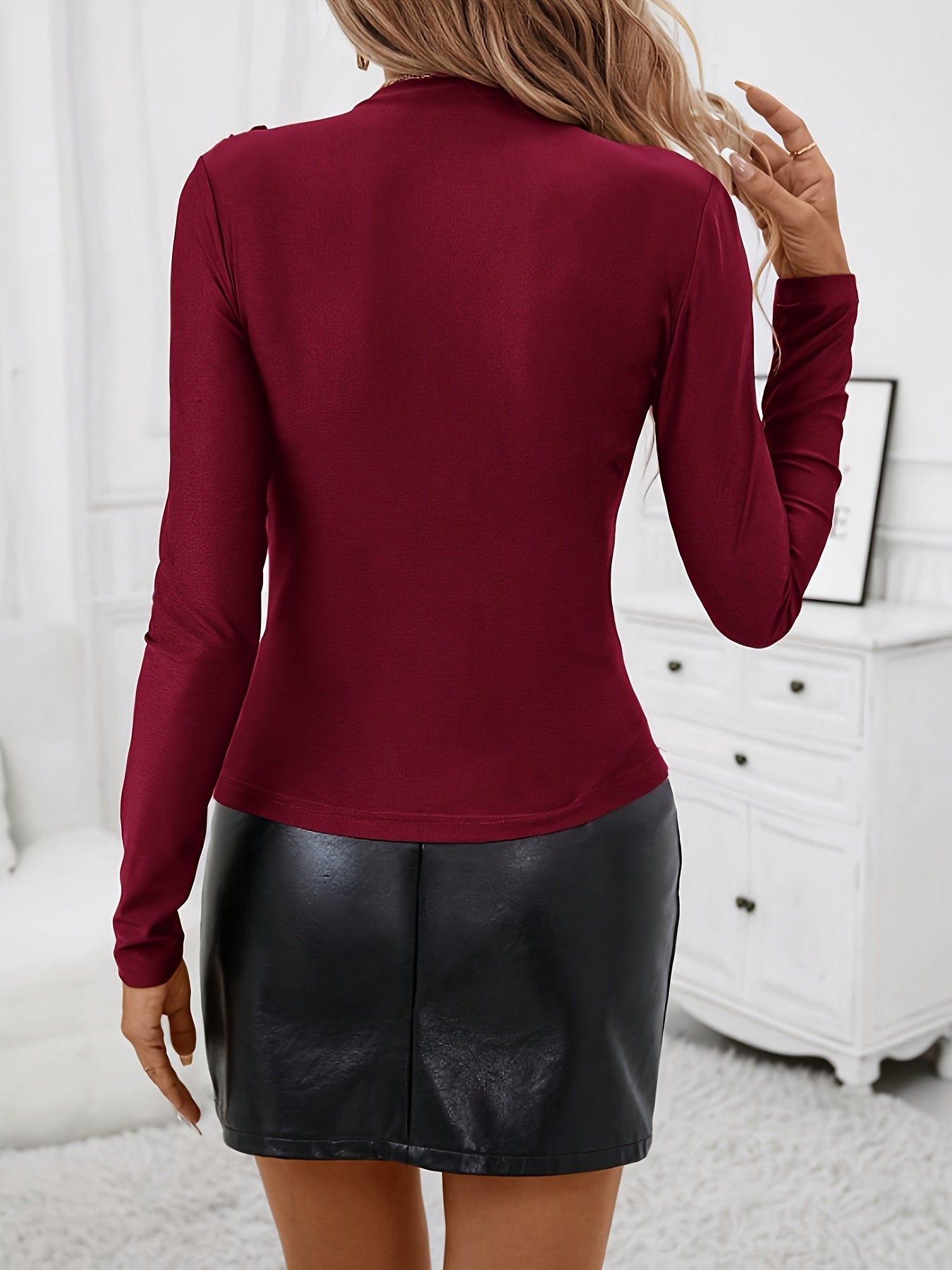 Women's Brown High-Neck Long Sleeve Blouse with Shoulder Ruching and Slim Fit