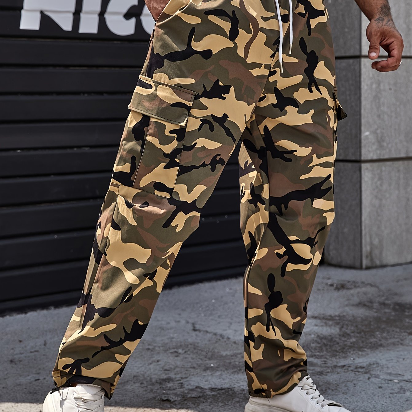 Men's Plus Size Camo Cargo Pants Polyester Drawstring Multi-Pocket Outdoor