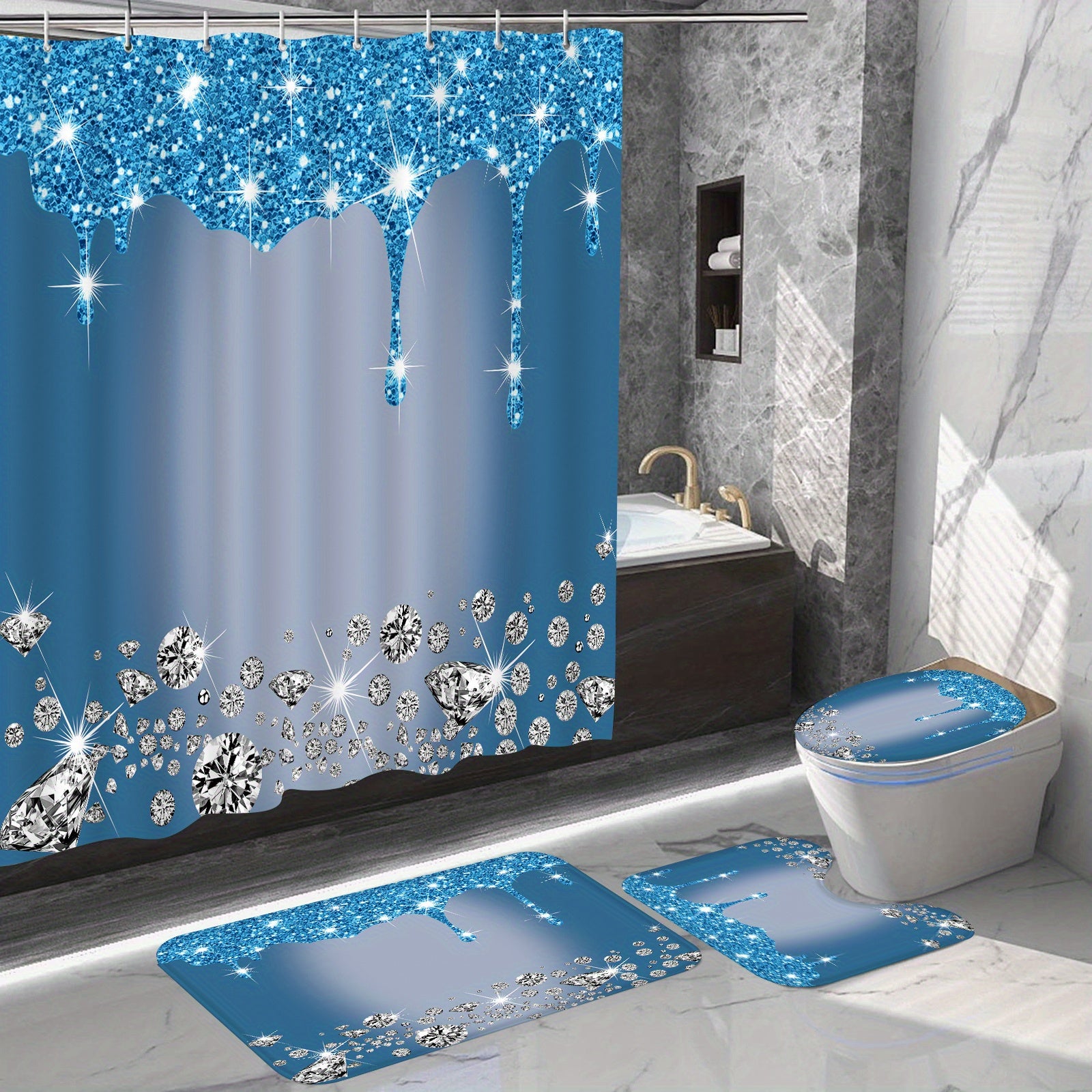 4-Piece Bathroom Set with Diamond Shower Curtain, Non-Slip Rugs, Toilet Cover Mat and Room Partition