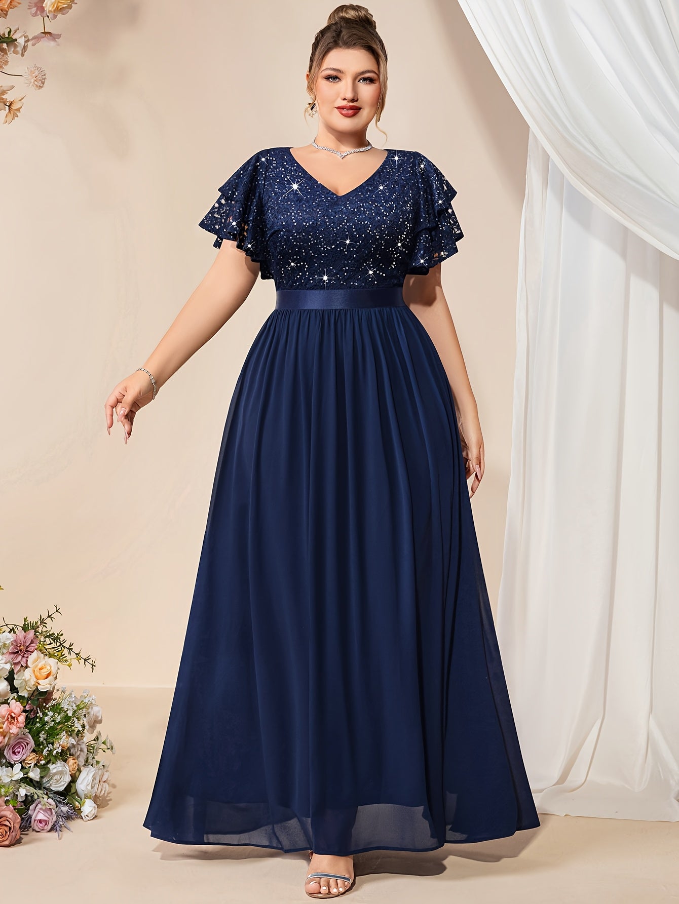 Women Maxi Dress Lace Beaded V-Neck Chiffon Party Summer Plus Size