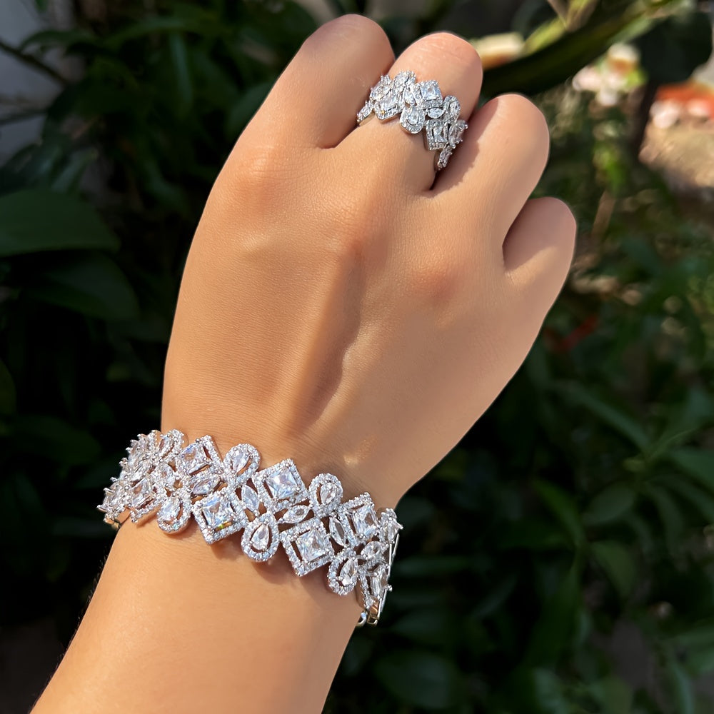 Conjunto de pulsera y anillo cuadrados con zirconia para mujeres, ideal para bodas y fiestas nocturnas