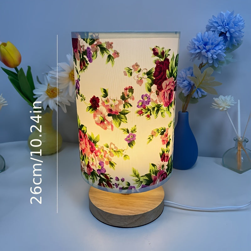 Flower Print Wooden Bedside Table Lamp with Nightstand Function