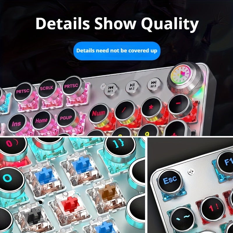 Full Size Mechanical Gaming Keyboard 104 Keys Metal Panel Backlit USB Wired with Multimedia Knob Black Switches