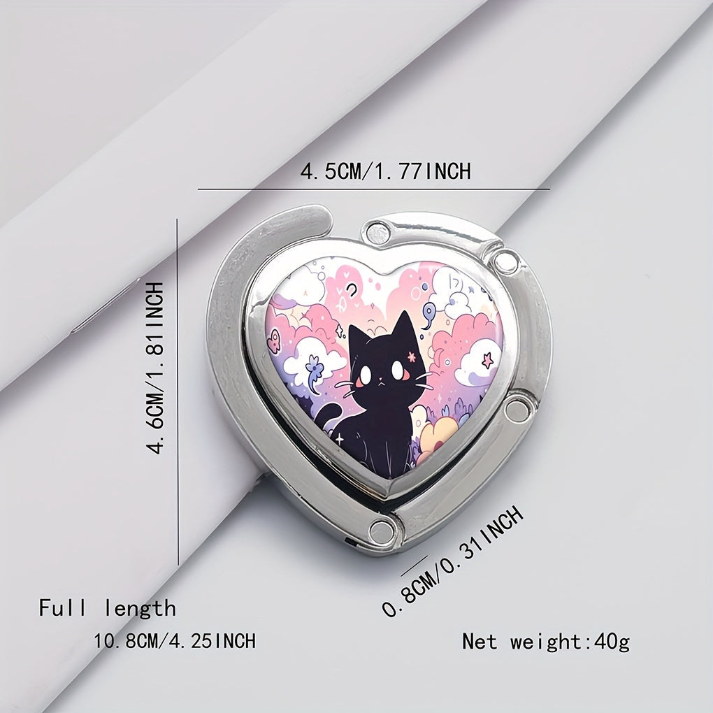 Heart-Shaped Purse Hanger with Black Cat Design Foldable Zinc Alloy Portable Bag Hook