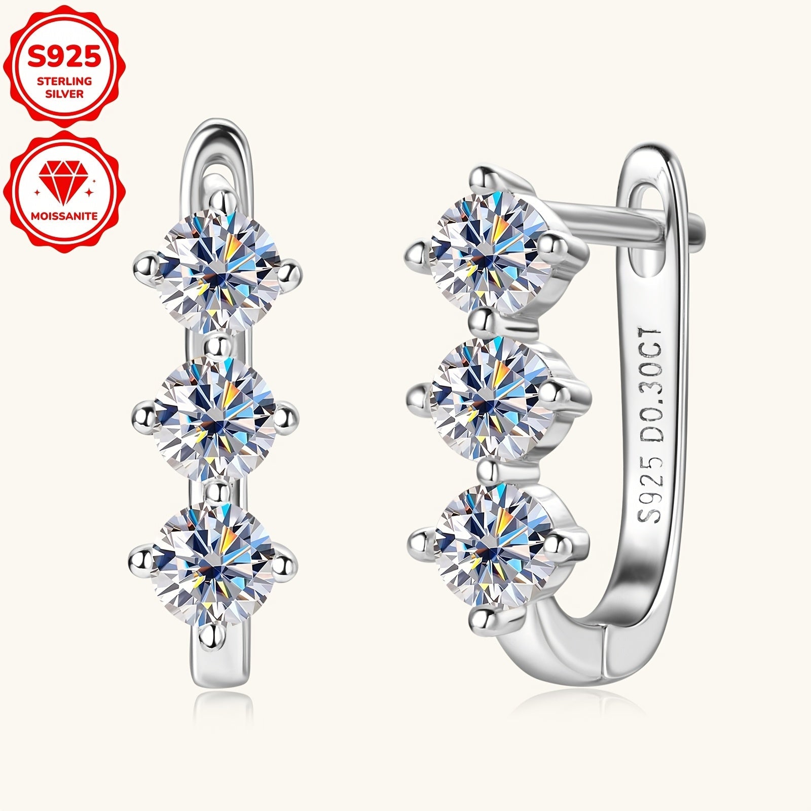 Sterling Silver Women's Hoop Earrings with Moissanite Stones 3mm 0.3ct