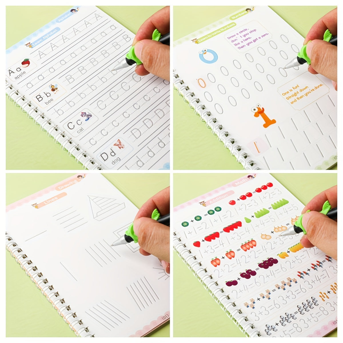 English Handwriting Practice Workbooks for Kids with Grooved Pages and Stickers, Educational Notebook Set