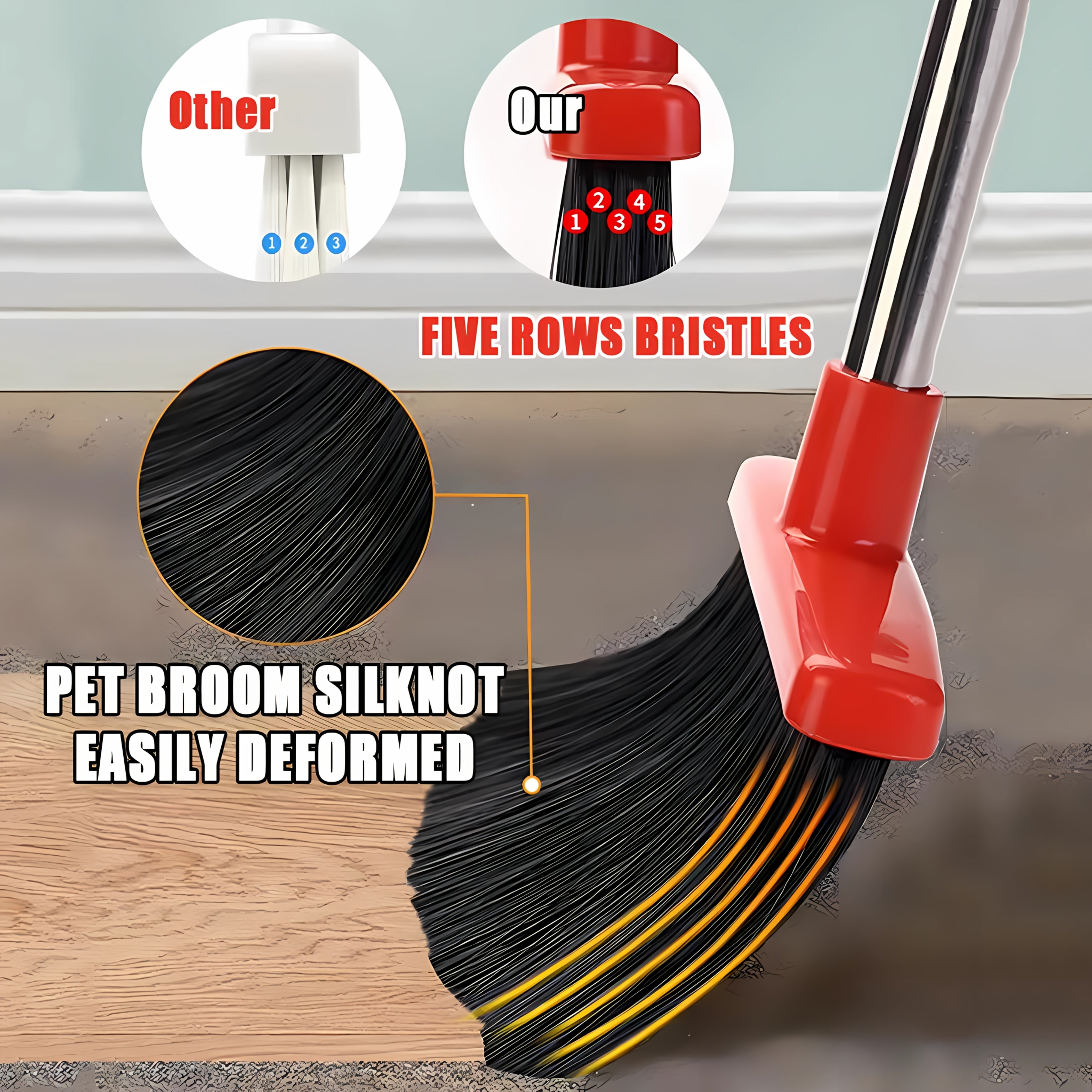 Conjunto de escoba y recogedor de múltiples superficies en negro y rojo con dientes autolimpiables