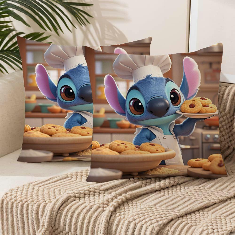 Stitch & Mickey Yostiq Qopqog'i To'plami - 2 Dona, 45.72x45.72 sm O'lcham, Yumshoq Polyester Materialdan Yasalgan, Divan va Tashqi Bezak Uchun Ideal