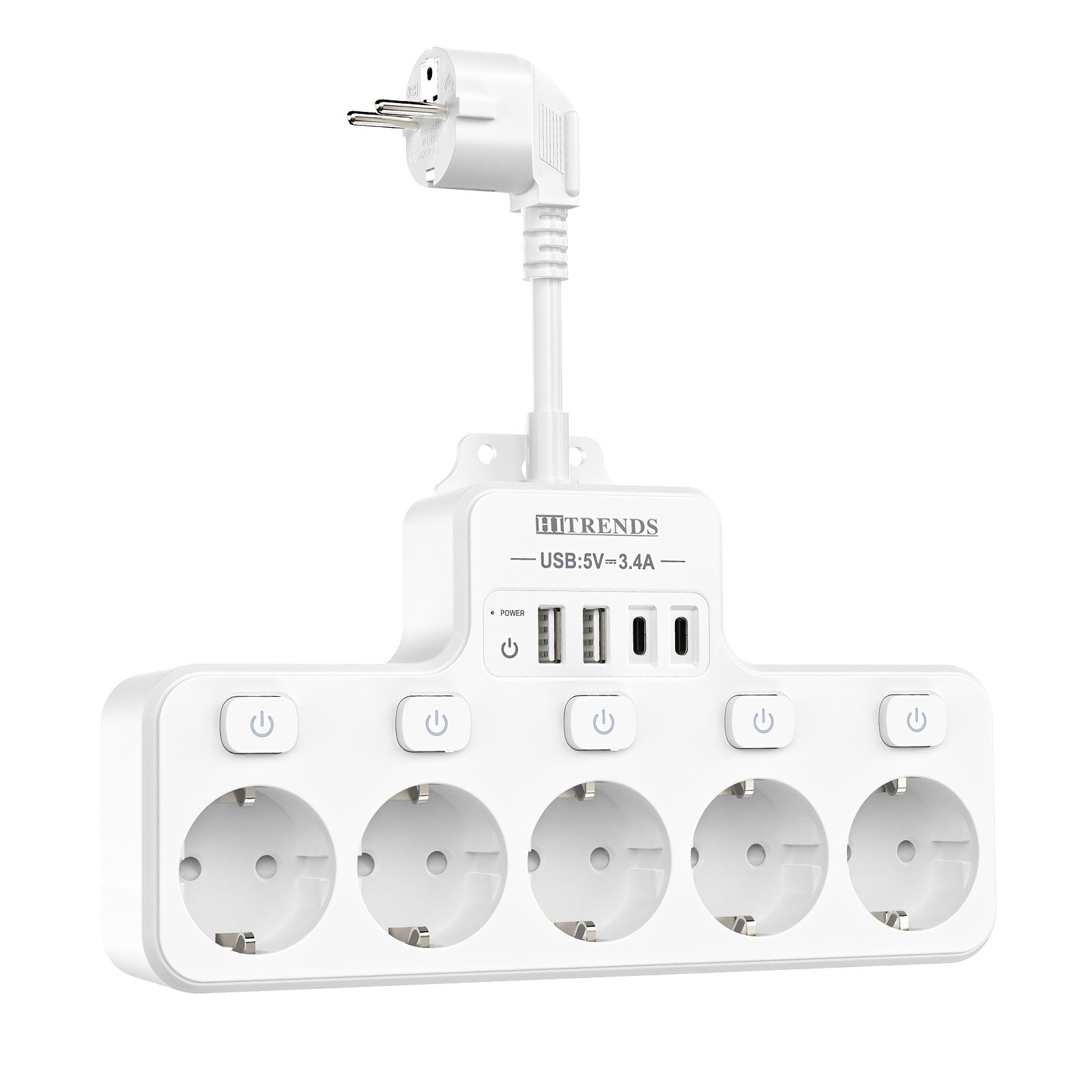 9-in-1 Power Strip with USB C and A EU Sockets Wall Mountable Safe Surge Protector