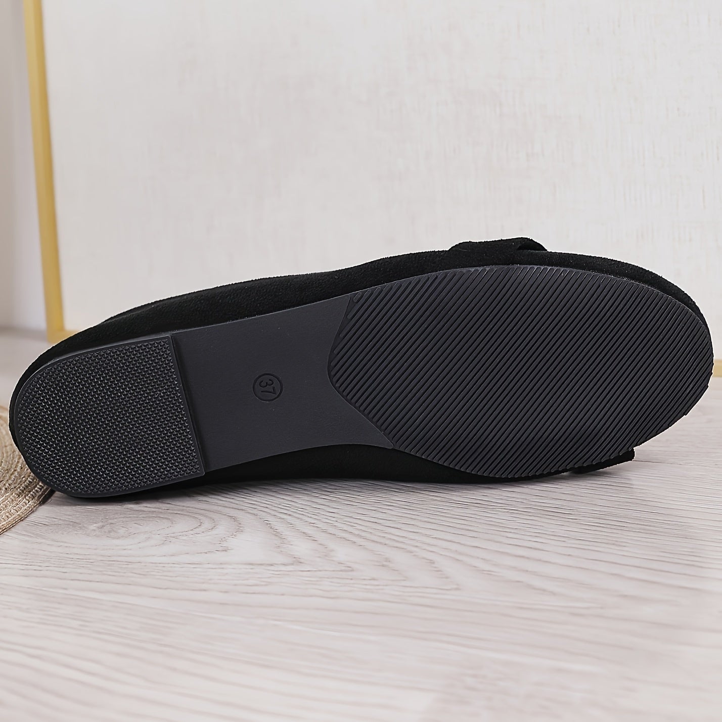 Women Black Flannel Slip-On Ballet Flats with Ankle Strap Casual Shoes