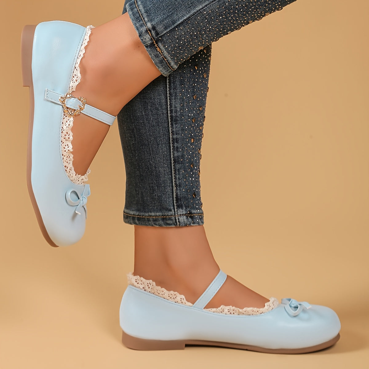 Women's Mary Jane Flats with Bow Detail Breathable Rubber Sole Pink White