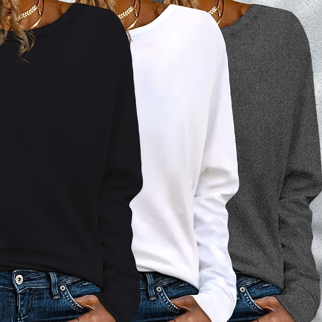 Women's Solid Color Round Neck Long Sleeve T-Shirts Casual Autumn Spring