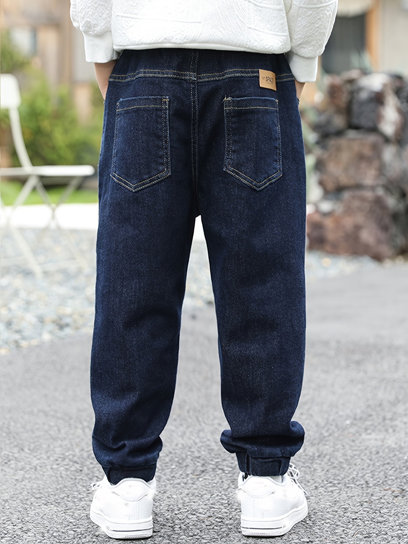 Boys High-Waisted Denim Jogger Pants with Elastic Waist and Cuffed Ankles
