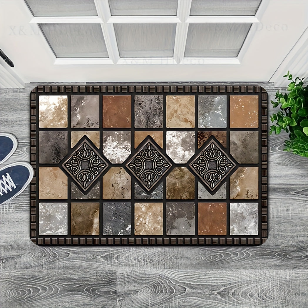Machine Washable Non-Slip Entryway Mat with Red Stone and Tile Pattern Rubber Backing for Home Garden Farmhouse Decor
