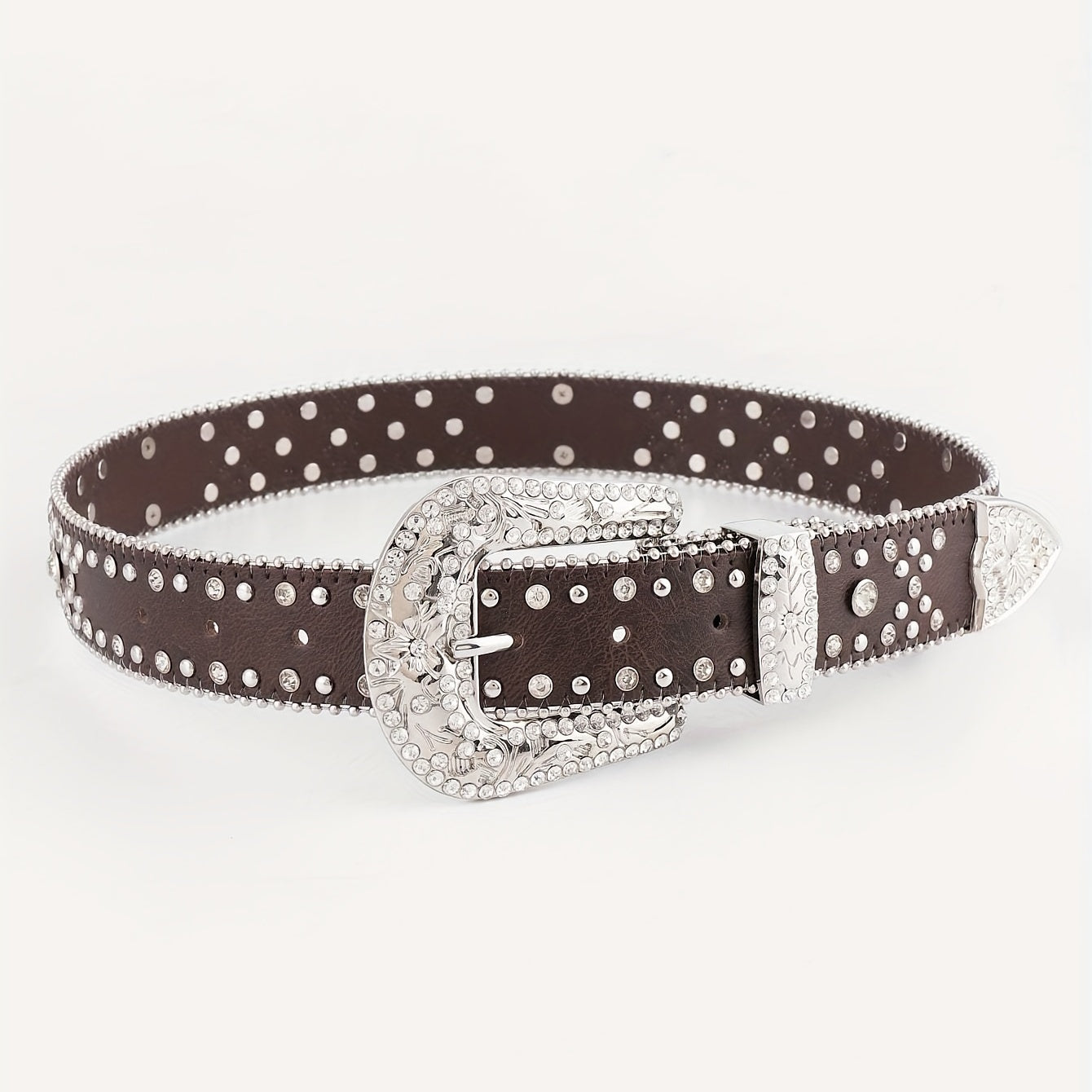 Cinturón unisex de cuero brillante con incrustaciones de rhinestones, hebilla tallada, remaches cruzados y diseño con tachuelas para hip hop, Y2K, vaqueros y pantalones