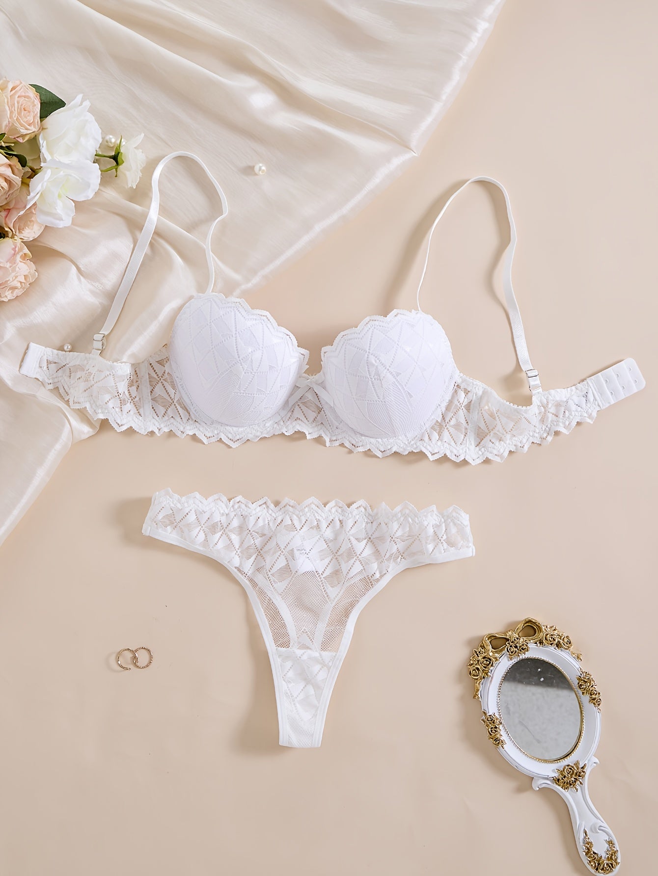 Women's Lace Lingerie Set with Underwire Bra and Sheer Thong Polyester Spandex