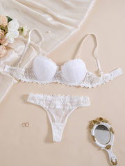Women's Lace Lingerie Set with Underwire Bra and Sheer Thong Polyester Spandex