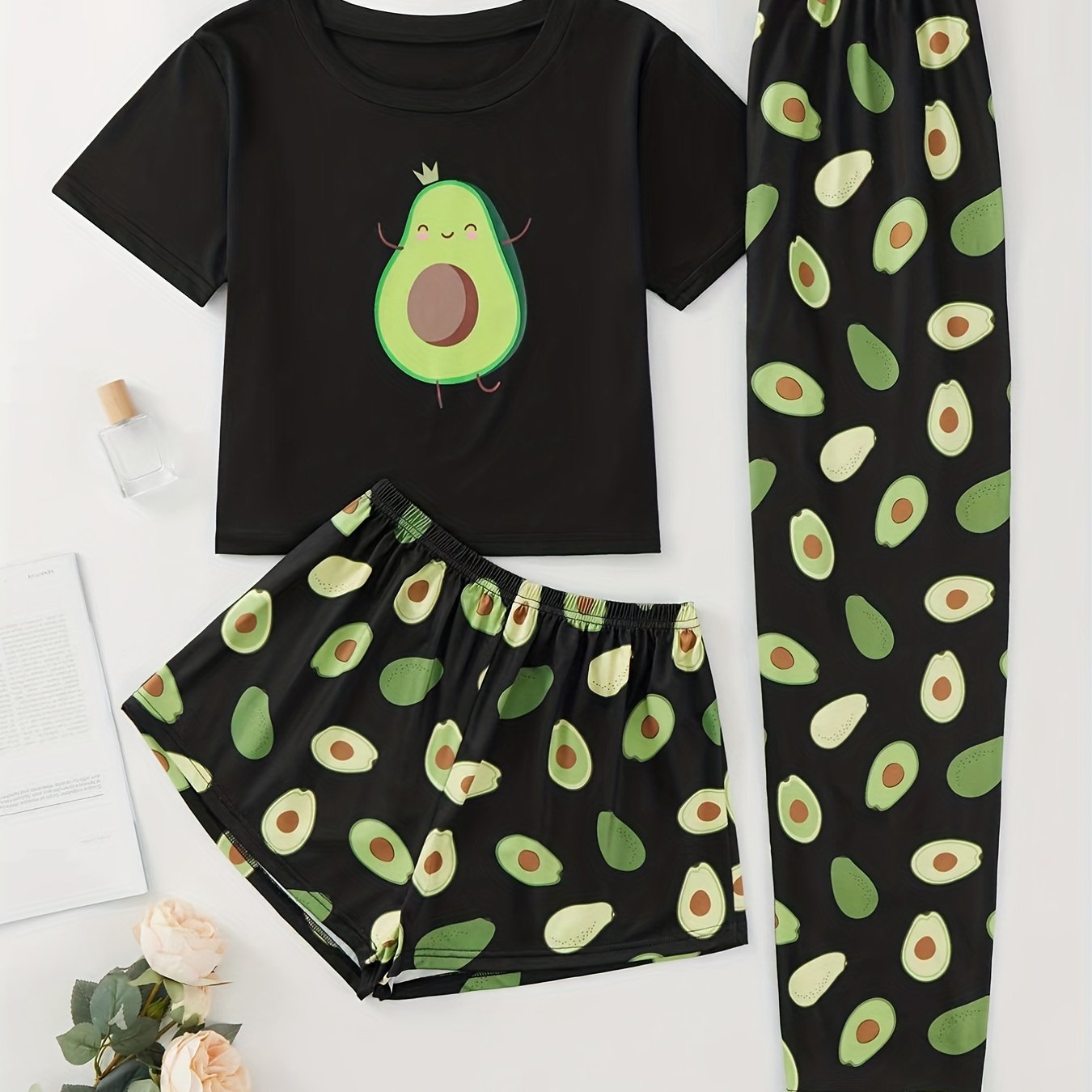 Women's Avocado Print Pajama Set Short Sleeve Top Elastic Waist Shorts and Pants