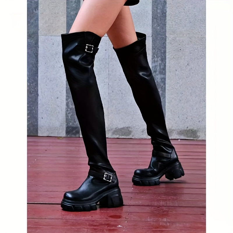 Women's Over-the-Knee Boots With Buckle Thick Sole Chunky Heel