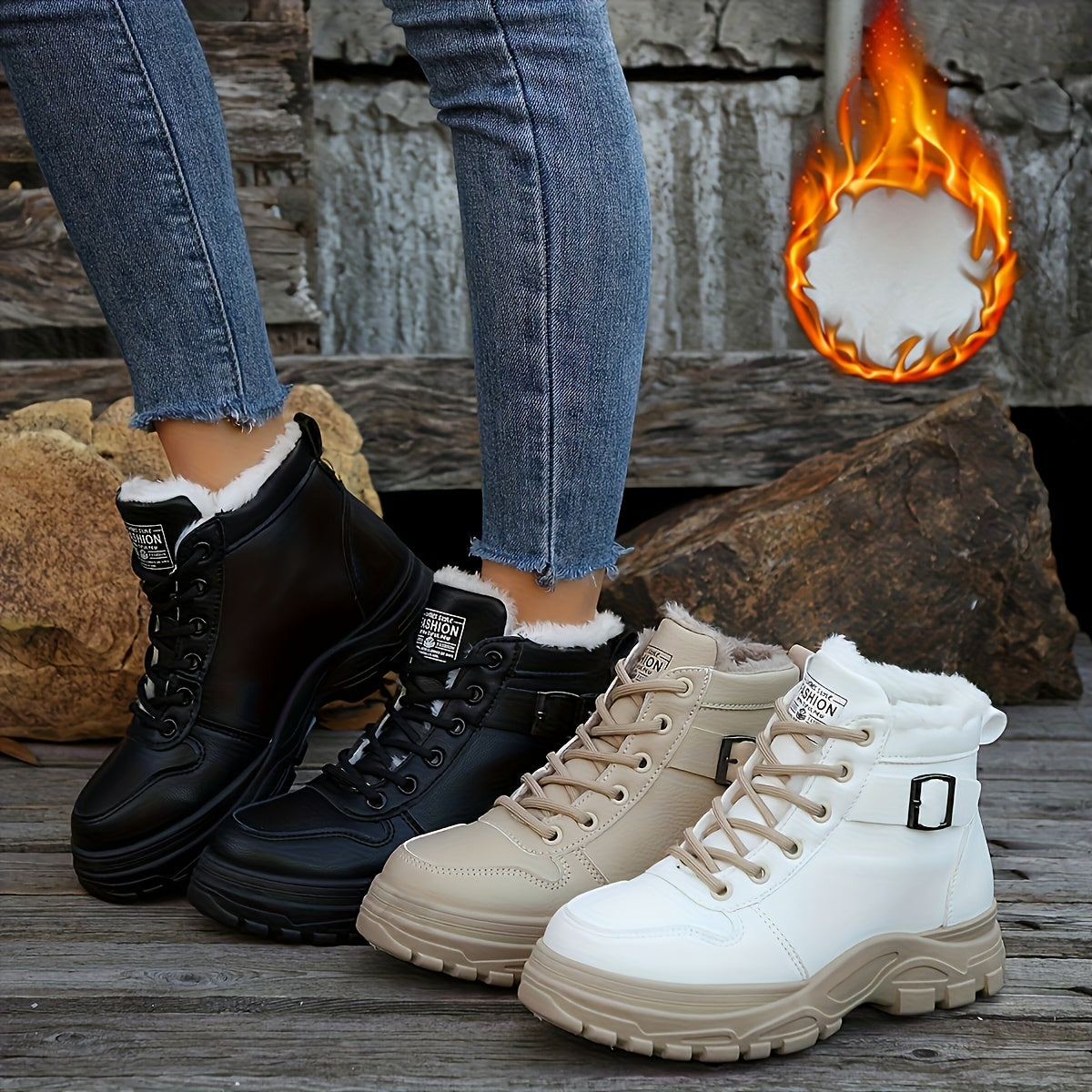 Women's Winter Ankle Boots with Plush Lining Black and Beige Two-Tone