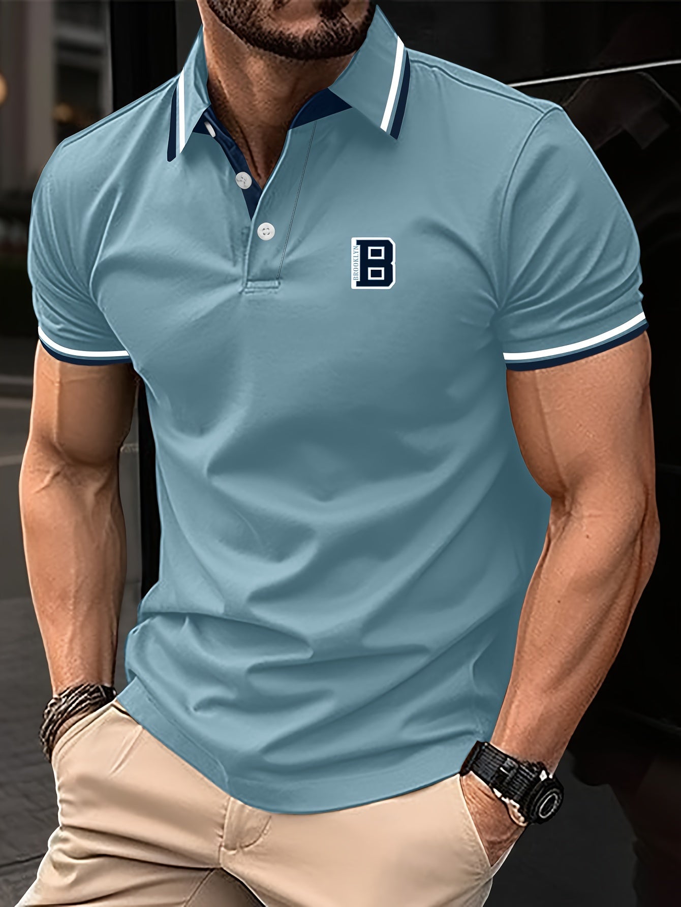 Camisa de manga corta para hombre con bloque de colores y estampado de letras, con solapa, casual para verano y golf