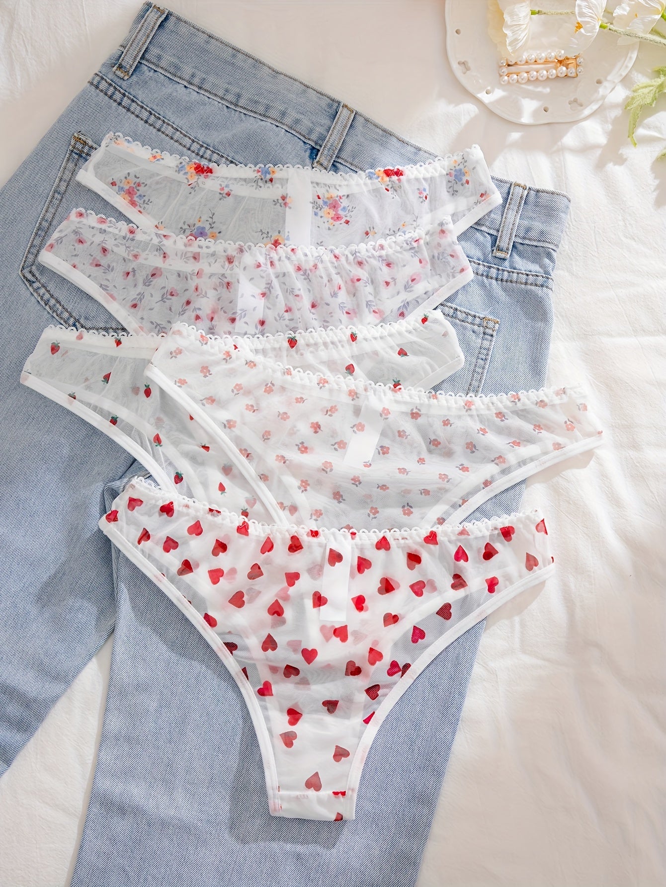 Women's Floral Print Panties 5 Pack Lace Trim Polyester Blend Elastic Waist