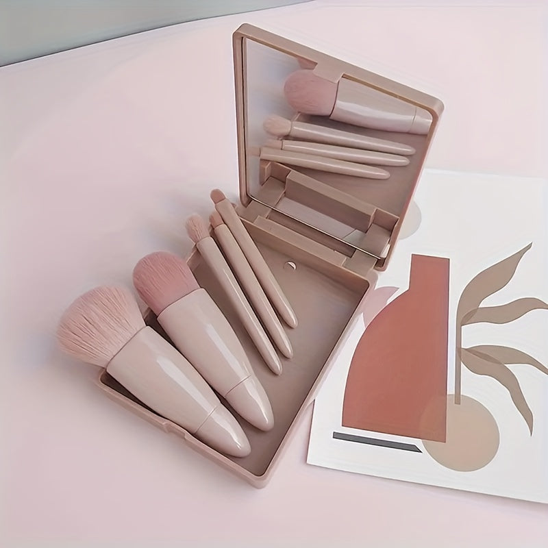 Set de 5 brochas de maquillaje con cerdas de nylon y espejo, fácil de limpiar