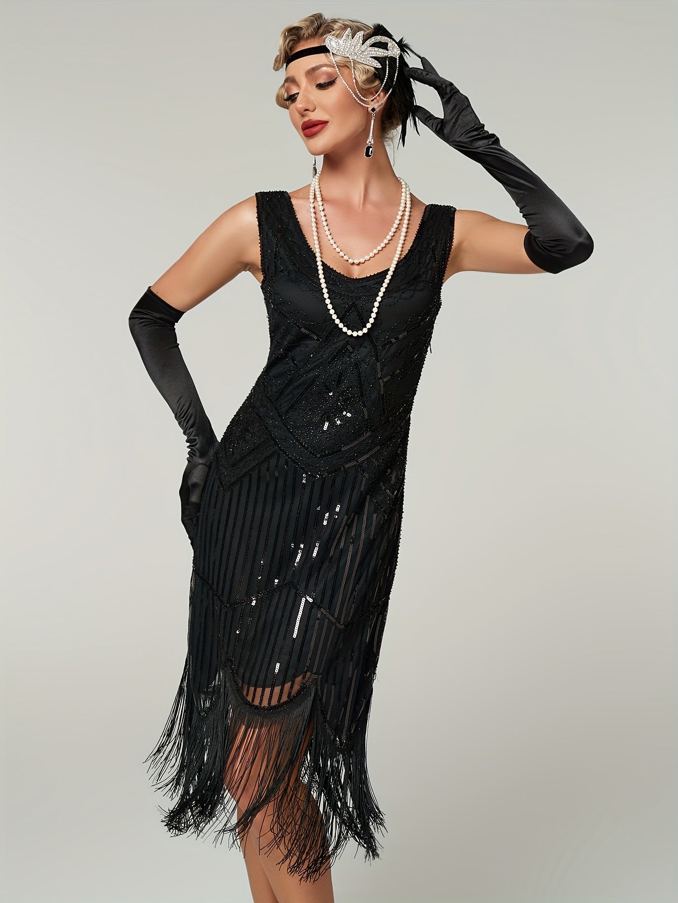 Women's 1920s Art Deco Sequin Fringe Dress Vintage Flapper Evening Gown