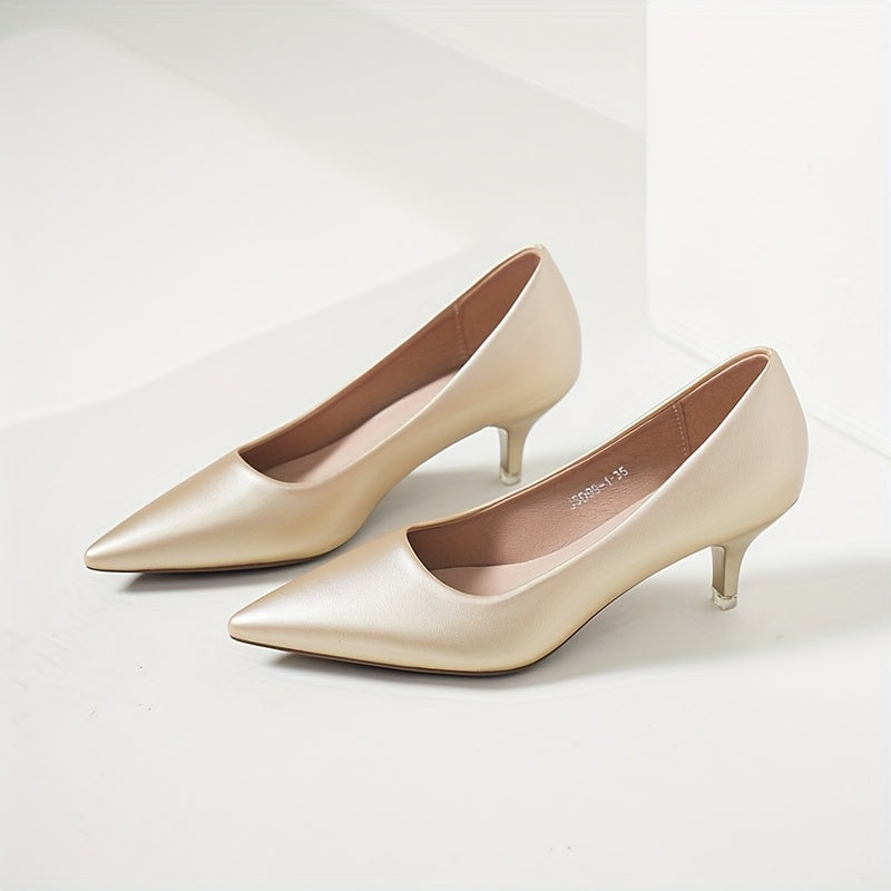 Women's Black Faux Leather Mid-Heel Pumps with Pointed Stiletto Toe and Rubber Sole