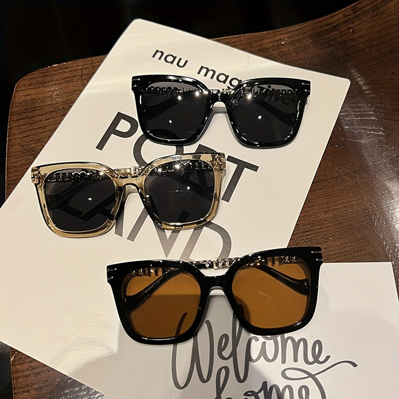 Gafas de sol cuadradas para mujer y hombre con lentes espejados, cadena en las patillas, accesorios para conducir y la playa