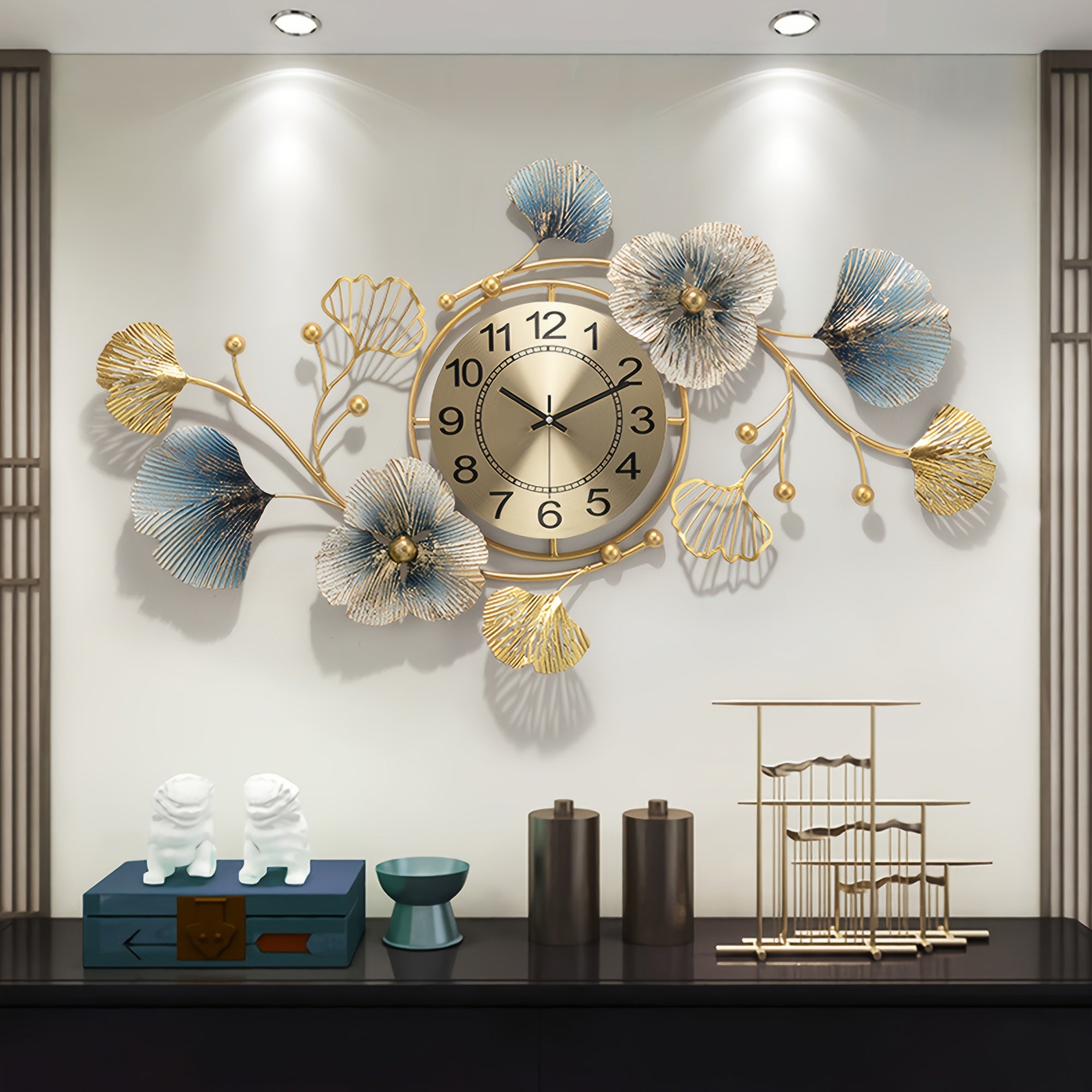 Ginkgo Leaf Metal Wall Clock Silent Floral Design Battery Operated