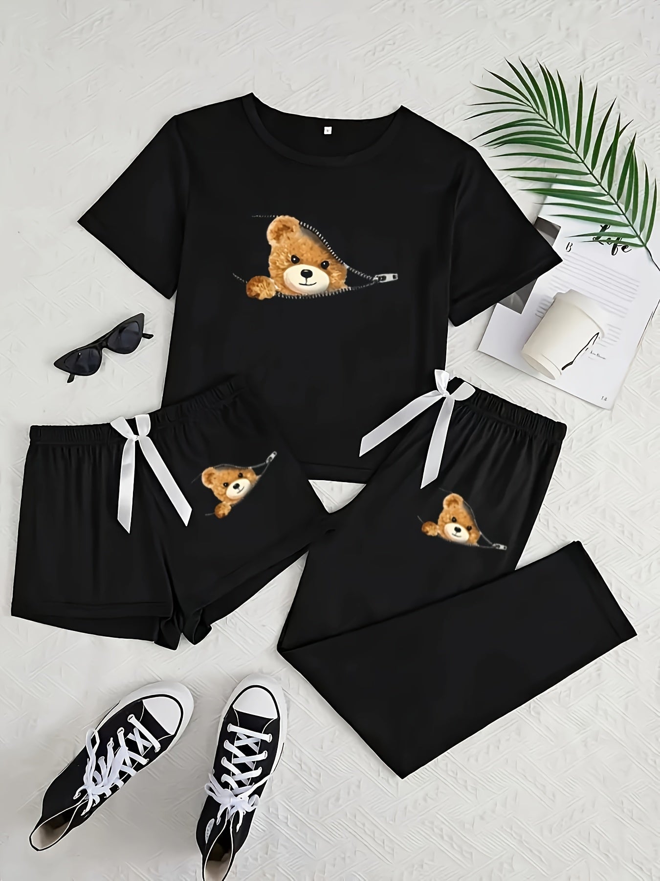 Women's Pajama Set with Zipper Bear Print Short Sleeve Top and Long Pants
